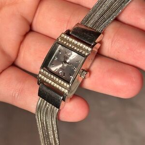 Elegant Silver and Black Watch with Rhinestones